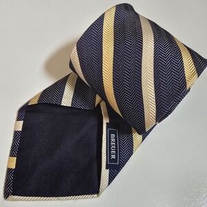 BREUER Men's Woven Silk Neck Tie 60x3.675" Gold Navy White Made France Handmade